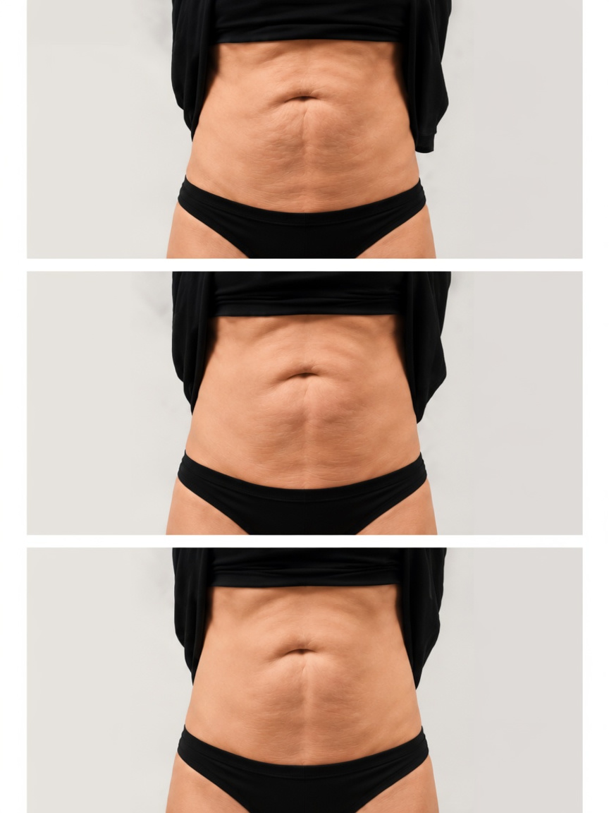 Sculpt Haus client's abdomen before, after two sessions, and after four sessions — stacked progression