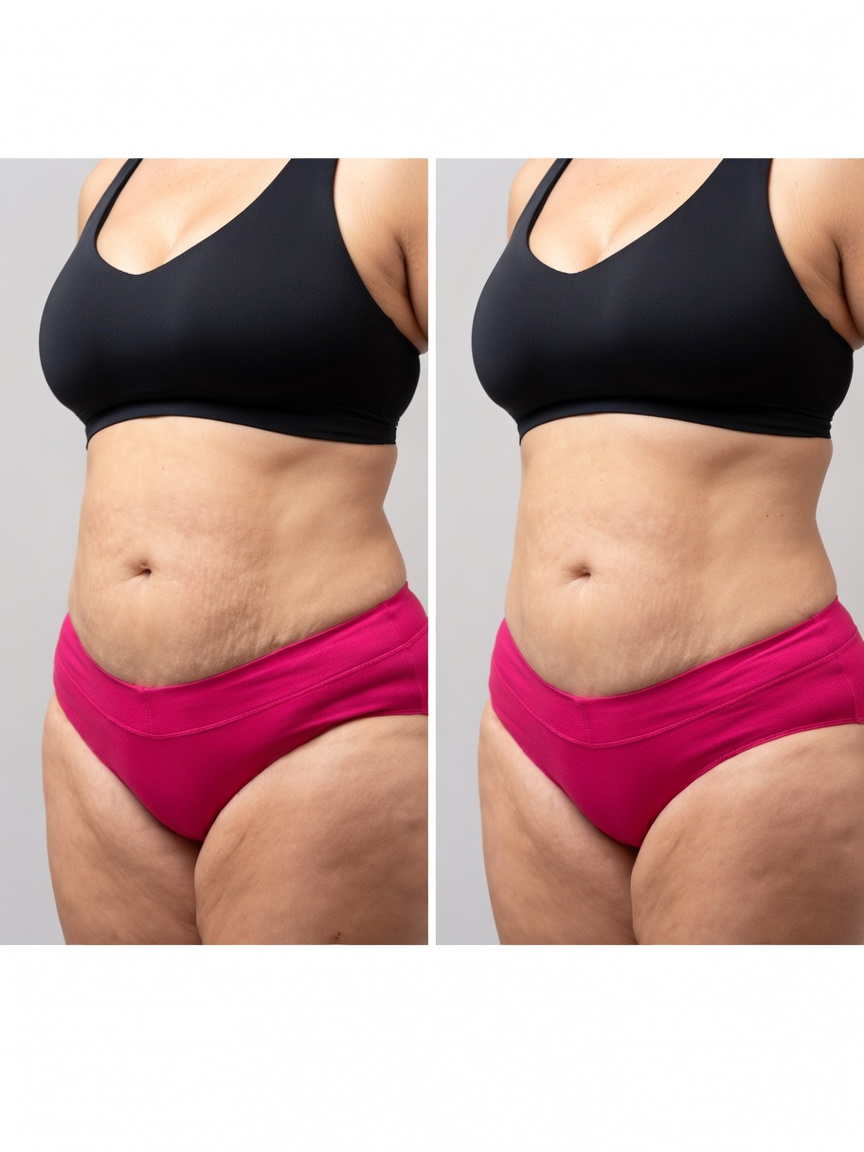 Sculpt Haus client's abdomen before and after EMSlim — before on the left, after on the right