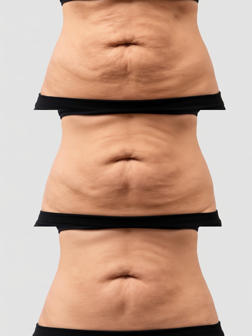 Sculpt Haus client's abdomen before, after two sessions, and after four sessions — stacked progression
