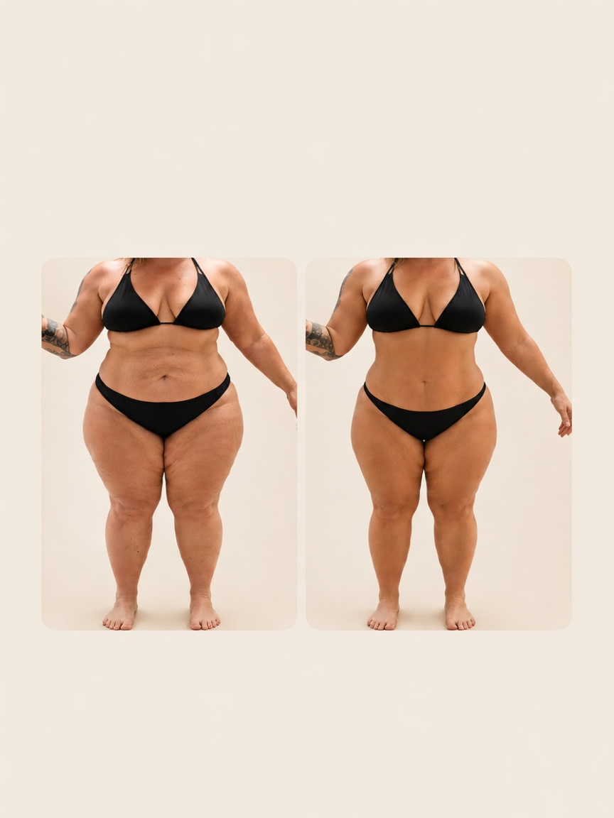 Sculpt Haus client's abdomen before and after six EMSlim NEO sessions — before on the left, after on the right