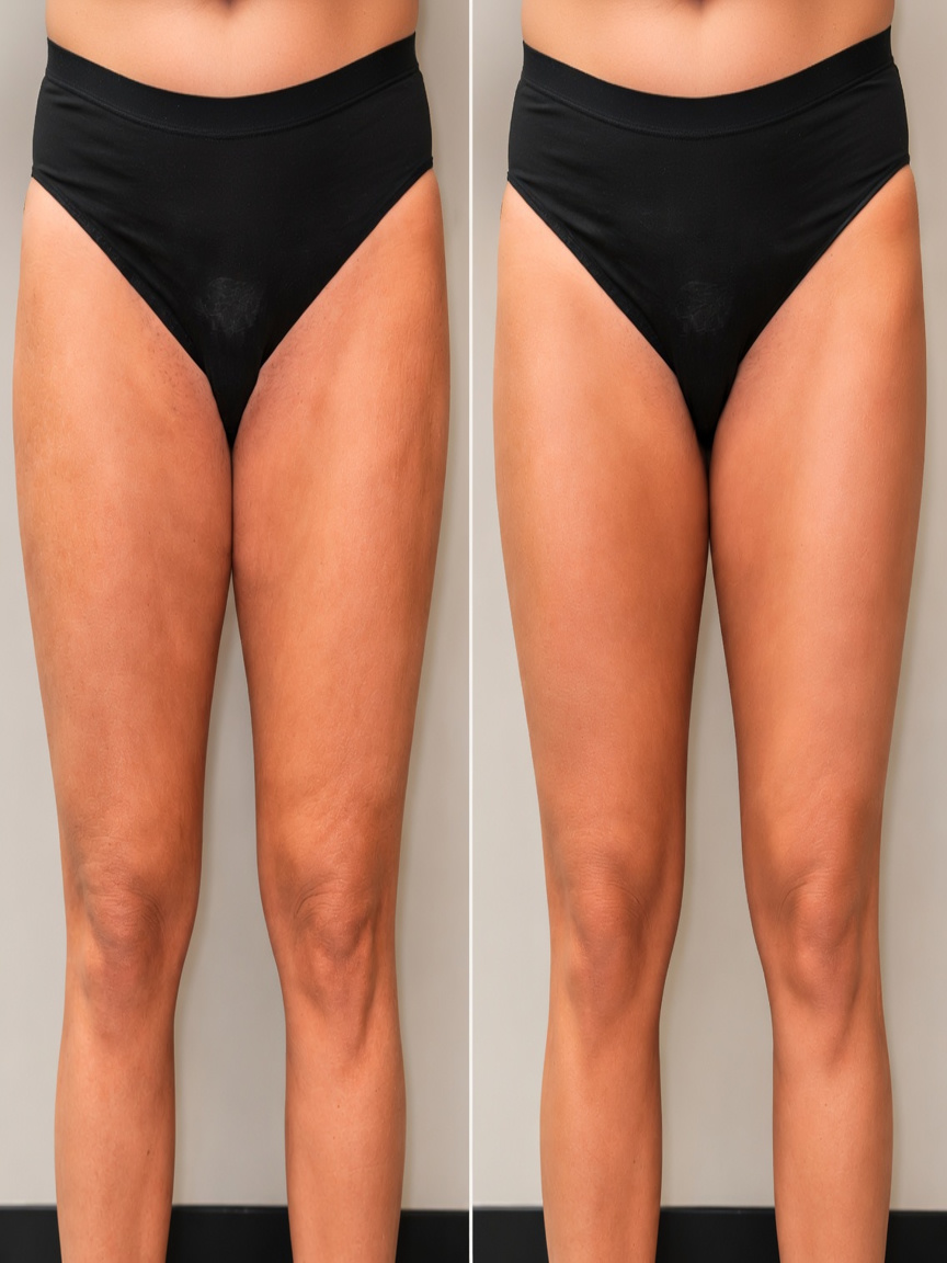 Sculpt Haus client's legs before and after one EMSlim session — before on the left, after on the right