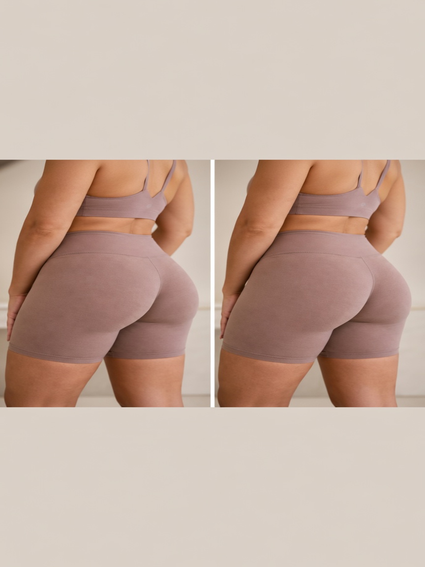Sculpt Haus client before and after EMSlim Lift Smooth Refine — before on the left, after on the right