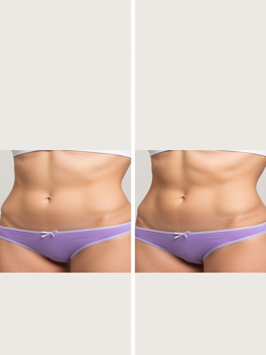 Woman's abdomen and core before and after EMSlim NEO — before on the left, after on the right